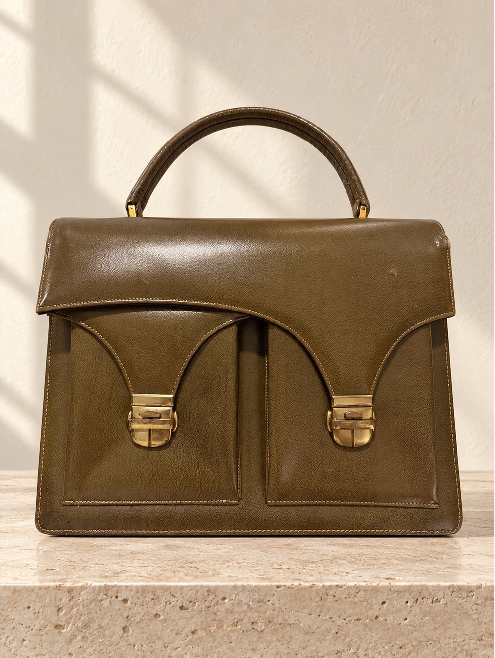 Vintage Dofan France Olive Leather Structured Top Handle Handbag